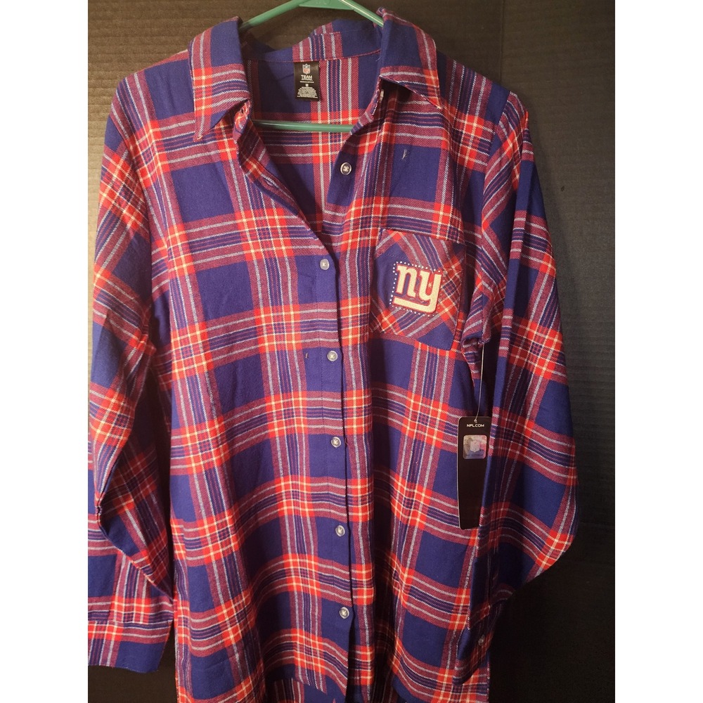 NFL Team Apparel New York Giants Womens Plaid Flannel Sleep Shirt Blue Red Sz M